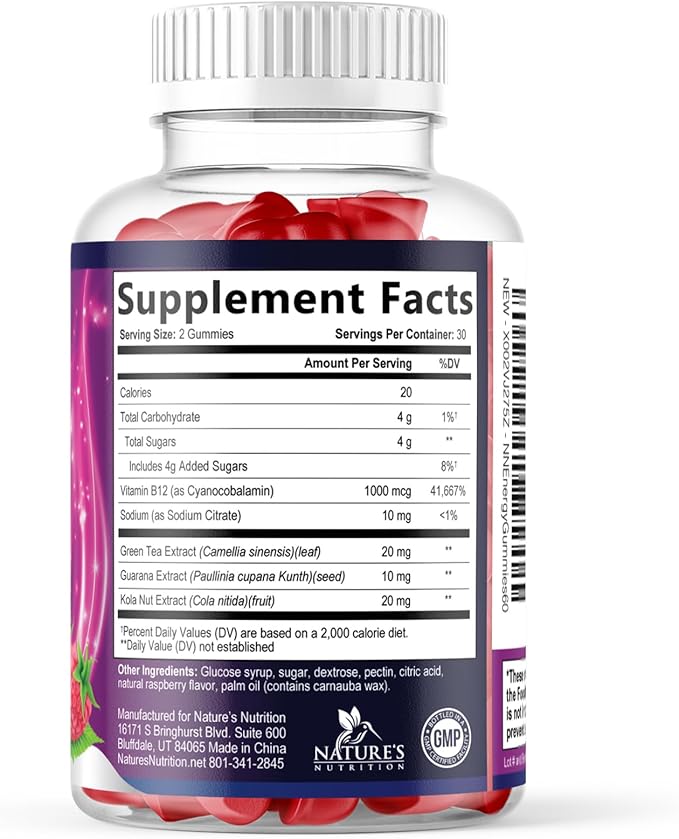 Energy Gummies - Vitamin B12 1000 mcg Per Serving - Daily Energy Gummy with Natural Caffeine from Green Tea, Berry Flavor B12 Chewable Exercise Supplement for Running Cycling & Sports - 60 Gummies