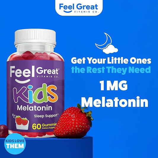 Feel Great Kids Melatonin Gummy | Strawberry Flavored Melatonin Gummies Kids | 1 MG of Melatonin Sleep Aid for Kids | Vegan Gummies | 60 Day Supply