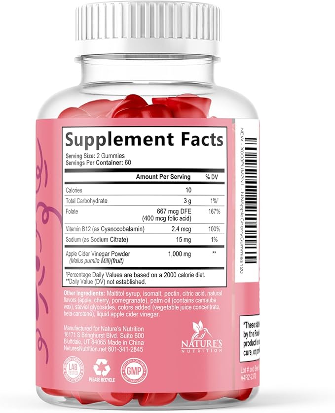 Apple Cider Vinegar Gummies 1000mg Per Serving - Sugar Free ACV Gummy Vitamins Supplement with Vitamin B12 for Energy - Keto Friendly Digestion, Detox, Cleanse Support, Vegan, Non-GMO - 120 Gummies