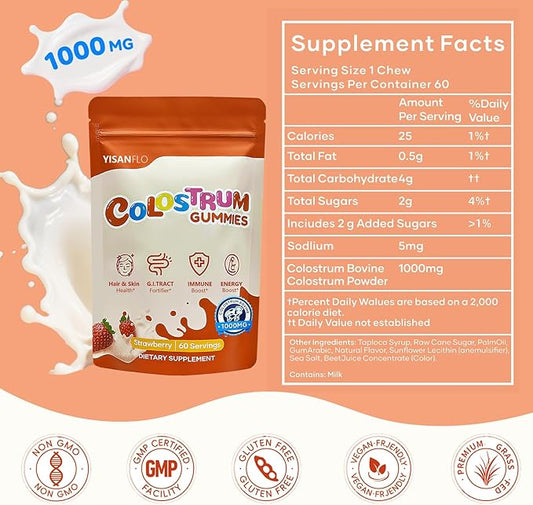 Colostrum Gummies | Delicious 1g per Serving Grass Fed Bovine Colostrum Supplement | Colostrum Chews for Gut Health, Immunity, Hair, Skin and Beauty | 60 Gummies, Strawberry Flavor