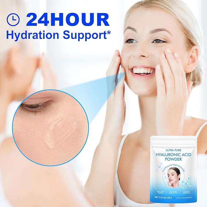 Hyaluronic Acid Serum Powder for Skin,Low and High Molecular Weight,Cosmetics Grade Skin Hydration and Moisture Support Supplements - Vegan, Water Soluble 200 Grams