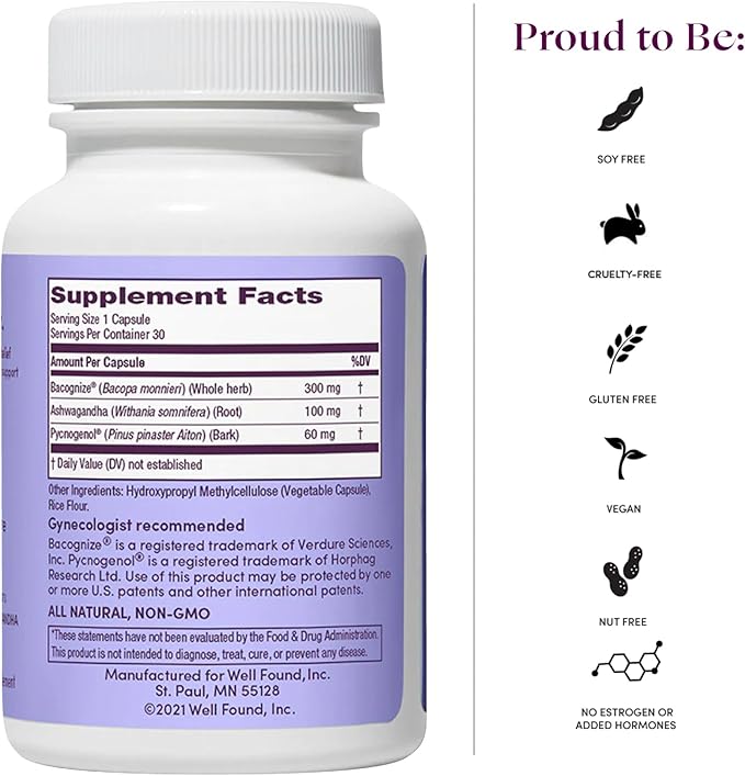 Womaness Me.No.Pause Supplement for Women - Hormone Balance for Women Perimenopause and Menopause - Ashwagandha, Pycnogenol and Bacognize for Hot Flashes, Brain Fog and Mood Hormone Free - 30 Capsules