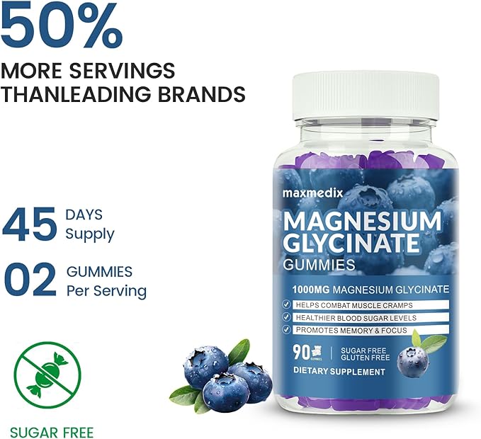 Magnesium Glycinate Gummies 1000mg, Sugar Free Magnesium Potassium Supplements Chewable for Adults with L-Threonate for Sleep, Body Support and Relaxation,90 Blueberry Gummies