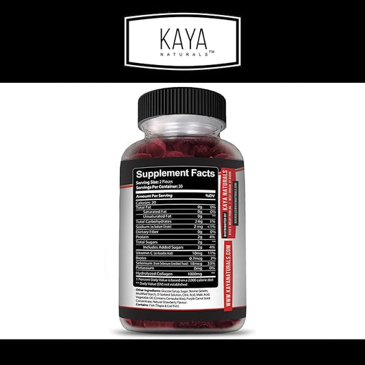 Kaya Naturals Collagen Gummies for Men & Women Supplement | Nature Made Gummies - 1000mg of Hydrolyzed Collagen, Vitamin C, Selenium & Biotin, Strawberry Flavor - 60 Count Gummies