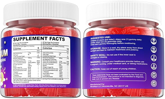 Magnesium Glycinate Gummies for Kids 4+ & Adults, 90 Counts No Melatonin Magnesium Gummies for Sleep & Calm, Sugar Free Vegan with Glycine, L-Theanine, B6, D3, Zinc & Omega 3 - Raspberry Flavor