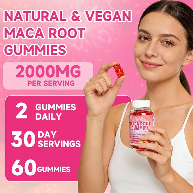 Maca Root Gummies for Women & Men, Organic Maca Root Supplement with Ashwagandha for Energy & Strength Support, Sugar-Free/Vegan/Non-GMO, Strawberry Flavor 60 Count