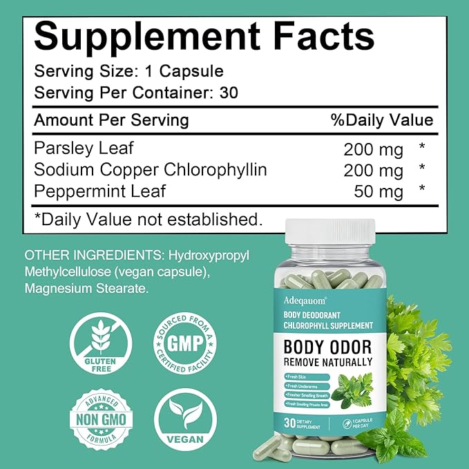 Chlorophyll Capsules Internal Body Deodorant Supplement for Women and Men for Gut Health, Fresh Breath, Skin Health, Detox & Digestion Support, Natural Odor Remove, Vegan, Non-GMO-30 Capsules
