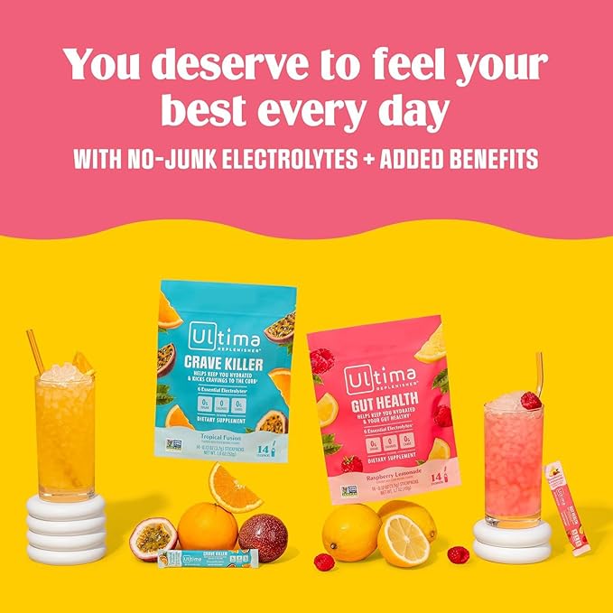 Ultima Replenisher Gut Health Supplement and Electrolytes Powder - Raspberry Lemonade, 14 Stickpacks - Hydration Packets with Added Gut Health Benefits (Pack of 2)