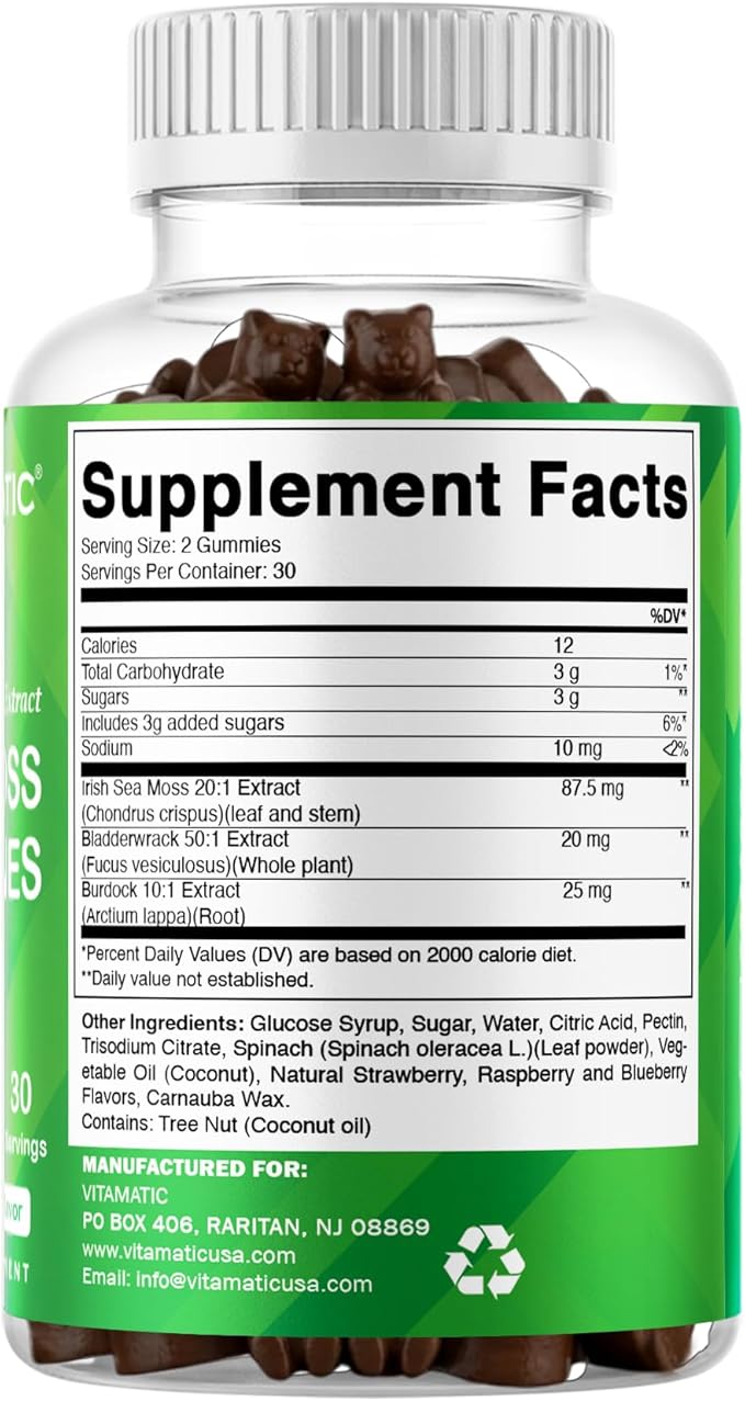 Vitamatic Irish Sea Moss Gummies with Bladderwrack & Burdock Root – Botanical Extract Supplement – Vegan, Non-GMO – 60 Count