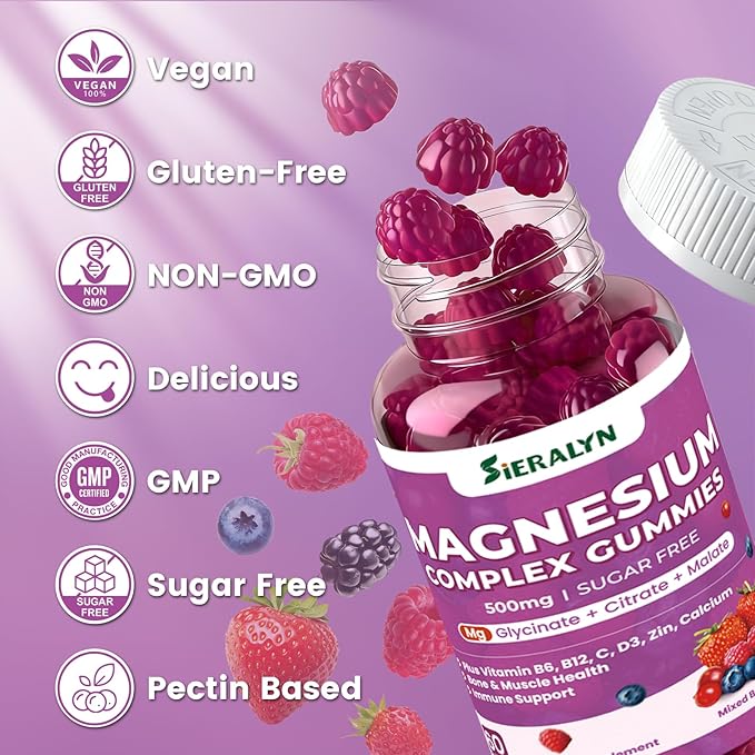 Magnesium Complex Gummies 500mg - Magnesium Glycinate, Citrate, Malate with Vitamin D3, C, B6, B12, Zinc & Calcium, Magnesium Supplement Chewable Support Calm, Muscle, Mood - Vegan 60 Counts