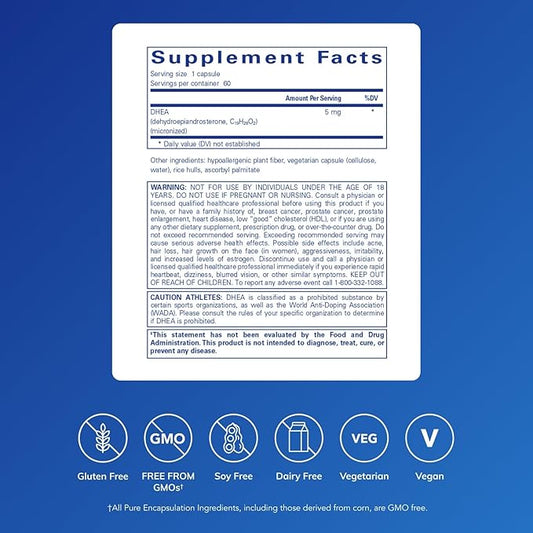 Pure Encapsulations DHEA 5 mg - Immune Support & Hormones Balance* - Micronized DHEA - Gluten Free & Vegan - 60 Capsules