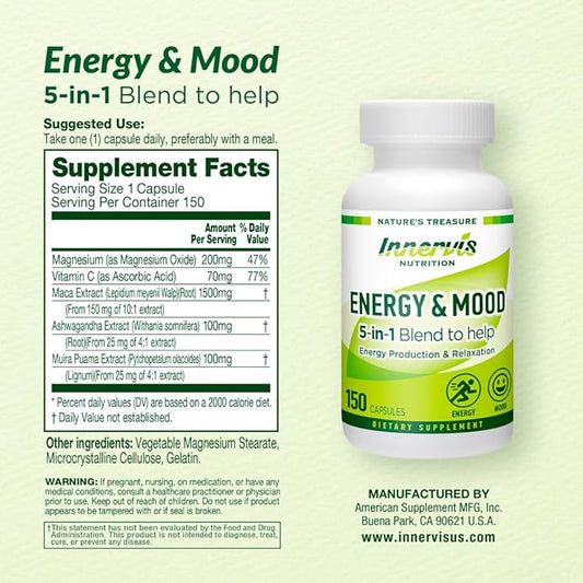Energy & Mood Supplement – Boost Energy & Reduce Fatigue, Support Relaxation – 150 Capsules – Non-GMO, 3rd Party Tested – Innervis Nutrition