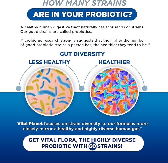 Vital Planet - Vital Flora Probiotics for Women Over 55 Daily Shelf Stable Probiotic 60 Billion CFU, 60 Diverse Strains, 7 Organic Prebiotics, Immune Support and Digestive Health 60 Capsules