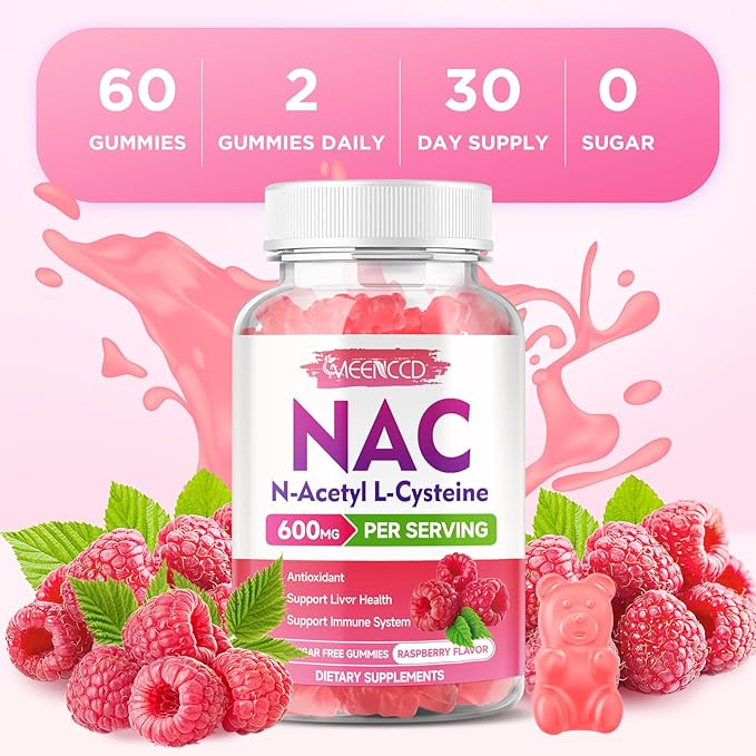 MEENCCD NAC Gummies, N Acetyl Cysteine 600mg, NAC Supplement for Antioxidants & Immune Support, Sugar-Free, Natural Raspberry Flavor, 60 Count