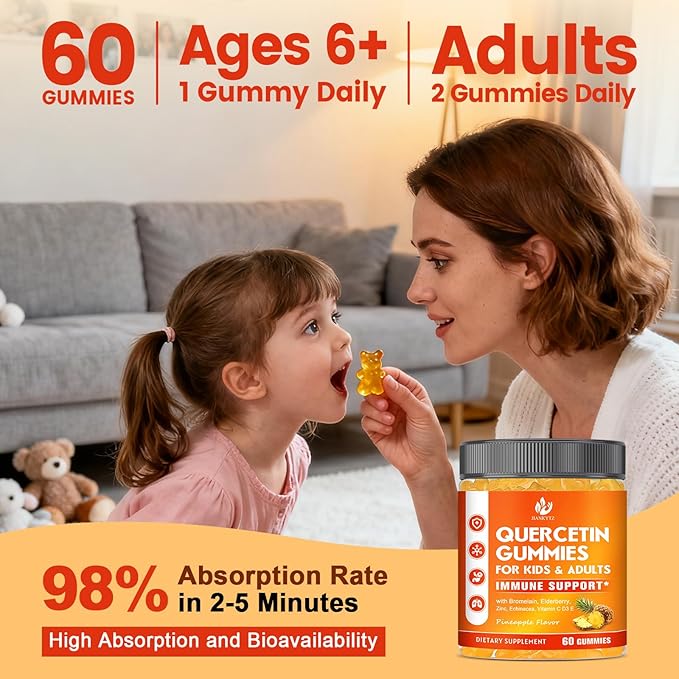 (2 Pack) Sugar Free Quercetin with Bromelain Gummies for Kids & Adult - Immune, Antioxidant, Seasonal Support, 1000mg Quercetin Supplements with Bromelain, Zinc, Elderberry, Vitamin C D3 E, 120 Count