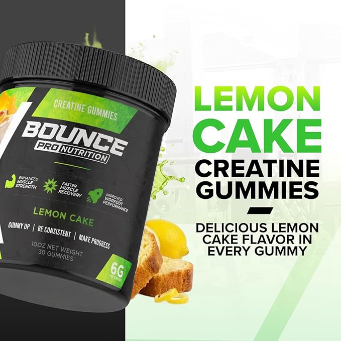 Bounce Pro Creatine Monohydrate Gummies for Men & Women, Low Calorie, 6G of Creatine per Serving, Vegan, Anti-Melting, Gluten-Free, Non-GMO (30 Count (Pack of 1), Lemon Cake)