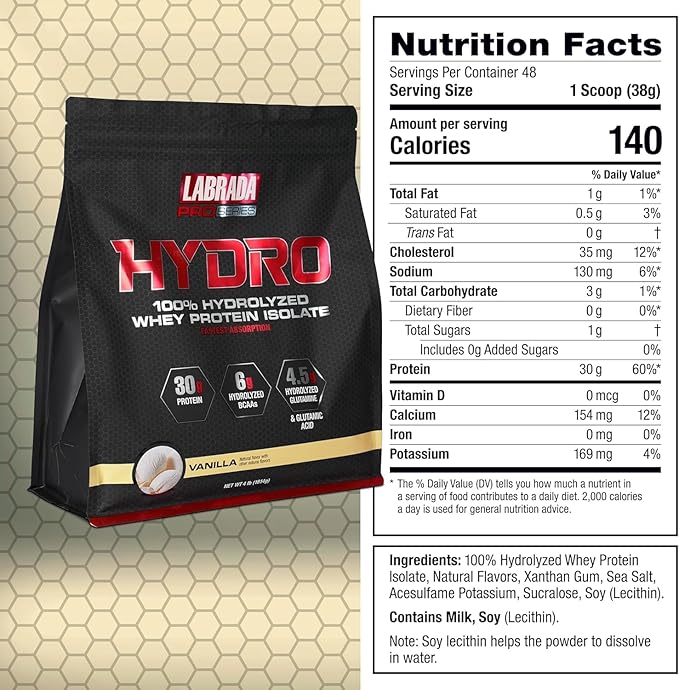 Labrada Hydro 100% Pure Hydrolyzed Whey Protein Isolate Powder, Lactose Free, Glutamine, Fastest Digesting Whey Available, Instant Mixing, Delicious Taste 48 Servings 4lb (Vanilla)