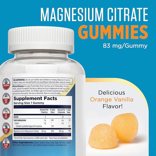 KAL Magnesium Citrate Gummies - Relaxation, Bone, Muscle and Cellular Energy Support - 330mg Magnesium Supplement - Orange Vanilla Flavor - Non-GMO, Vegetarian - 60 Magnesium Gummies