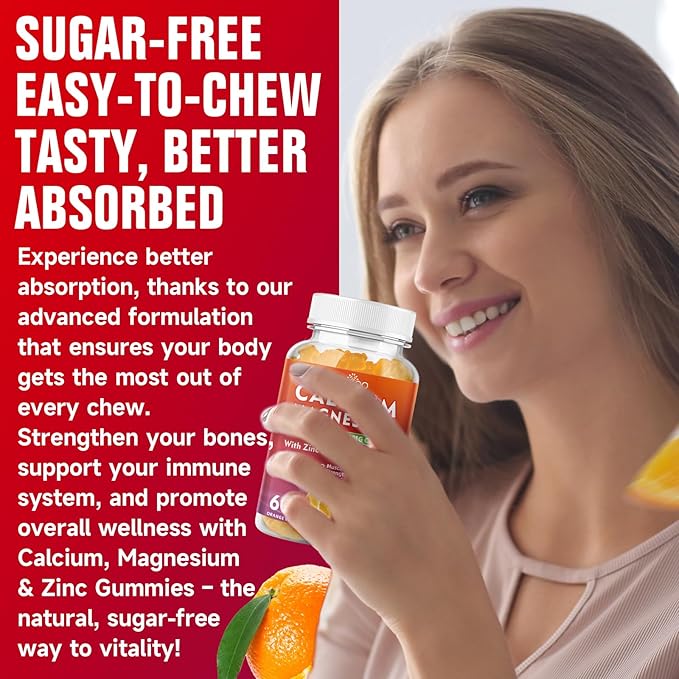 Calcium Gummies 1000mg with Vitamin D3 K2 & B Complex, Potassium, Calcium Magnesium Zinc Gummies for Bone, Muscle, Mood and Immunity - Orange Flavor 60 Gummies