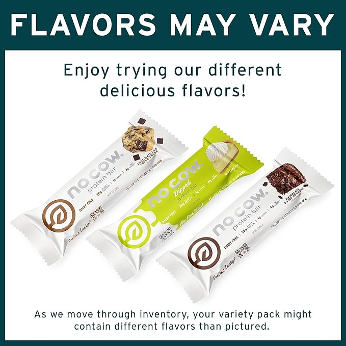 No Cow Vegan Protein Bars, Upgraded Peanut Butter Variety Pack | 20g Plant Based Protein, Gluten Free, Dairy Free, Soy Free, Keto Friendly, Low Sugar, High Fiber Snack Bars | Pack of 12