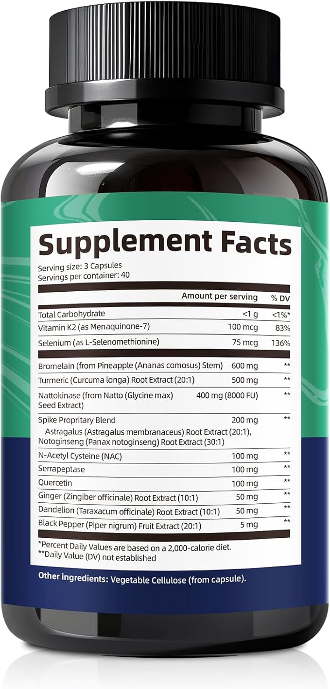 Spike Protein Support Capsules, 8000 FU Nattokinase Supplement with Bromelain and Curcumin, 13-IN-1 Full Spectrum Spike Support Supplement for Immune & Antioxidant Health, Vegan, Non-GMO, 120 Capsules
