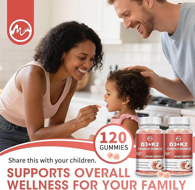 M inch Vitamin D3 K2 Gummies, Vitamin D3 10000IU, K2 (MK-7) 200mcg, 6-in-1 Vitamina D3 Con K2 Supplement with Omega-3, Magnesium and Calcium for Bones, Teeth & Immune Support, Sugar Free, 2 Packs