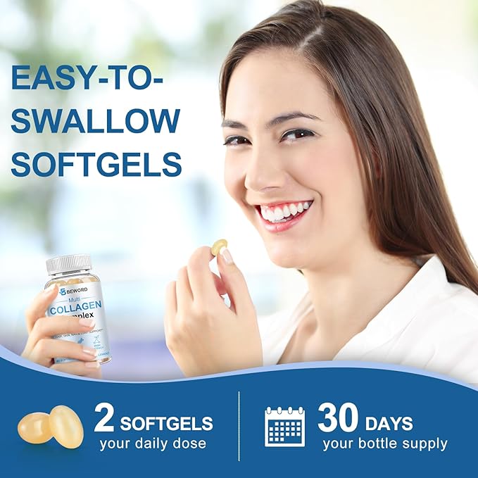 BEWORD Multi Collagen Softgels for Women & Men, 240 Capsules - Type I,II,III,V,X Hydrolyzed Collagen w/Vitamin C & Hyaluronic Acid - Supports Skin, Hair, Nails, Joints - Grass-Fed, Non-GMO,4 Pack