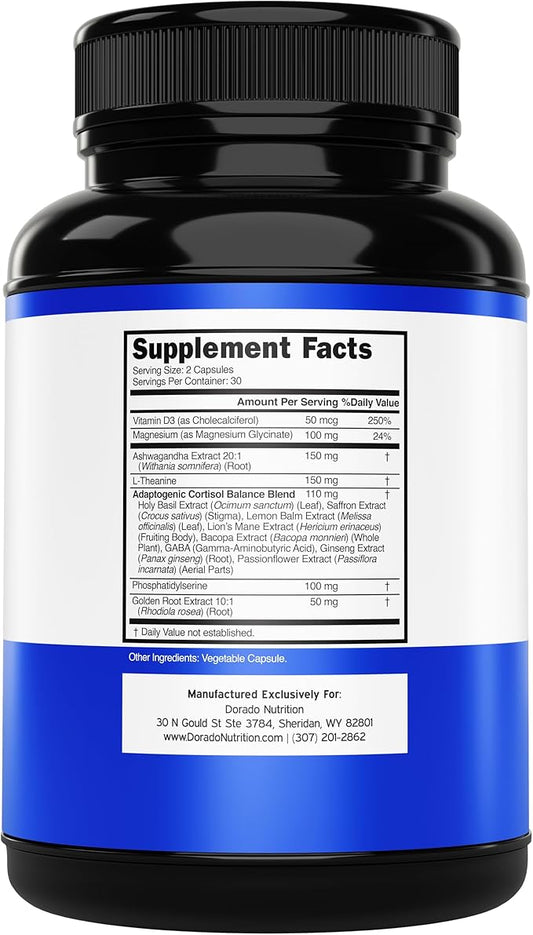 Cortisol Supplements for Women & Men with 14 in1 Blend (Magnesium, Ashwagandha, L Theanine & More) Healthy Cortisol Balance & Calm Mood Support - Third Party Tested, Non GMO, USA Made - 60 Count