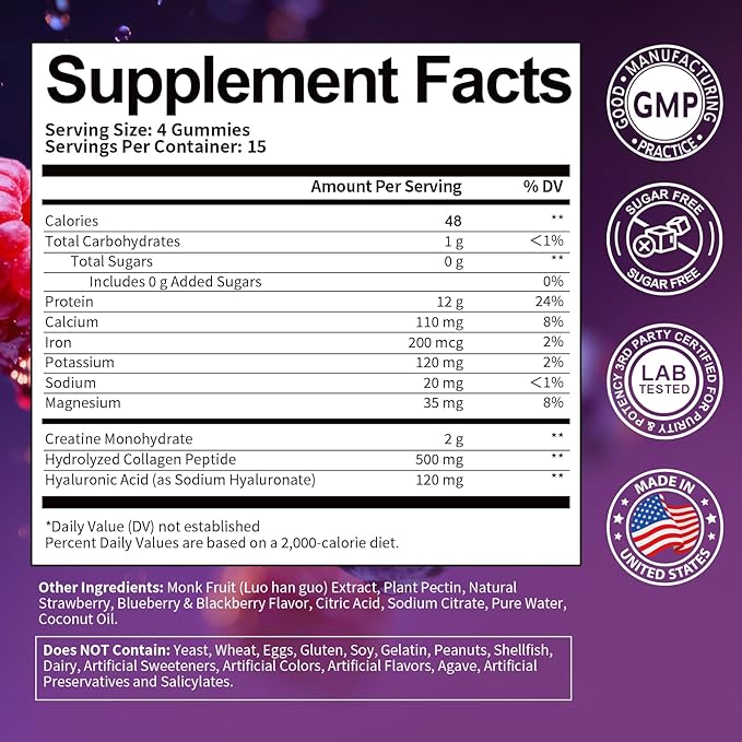 3 in 1 Whey Protein Gummies | Creatine Monohydrate | Collagen, 0 Sugar, Pure Protein Source, Muscle & Energy Support, Berry Flavor, for Women and Men