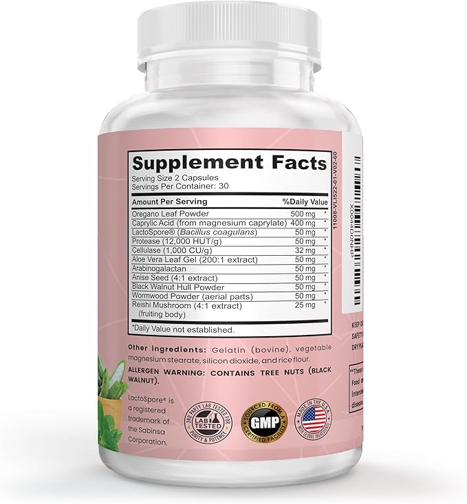 Candida Cleanse Supplement for Balance & Support, Candidase Detox, Women & Men. Gut Health & Flora, pH Level, Intestinal Health. Lactosporeยฎ Probiotics. Anti Yeast Overgrowth W/ Oregano, Caprylic Acid