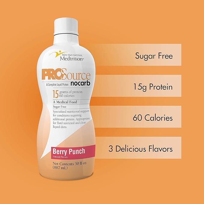 Liquid Collagen Peptides Type I, III 15 Grams Protein per Oz. |Prosource NoCarb Berry Punch 4 Bottles Pack Medtrition|