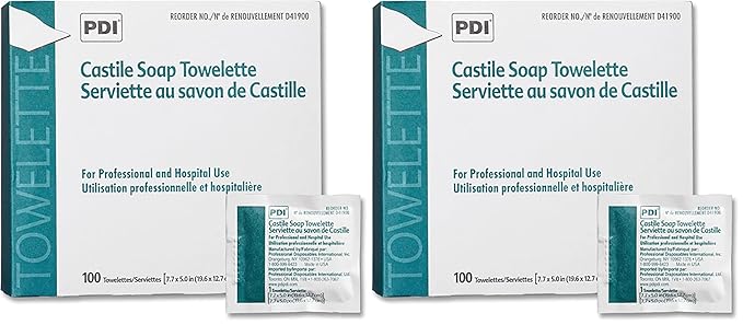 PDI Castile Soap Towelette, 1 Box of 100 Individually Wrapped 7.7"x5" Wipes, Gentle Soap Cleansing Towelettes for Personal Hygiene, Hand & Facial Cleaning, Travel & Patient Care (Pack of 2)