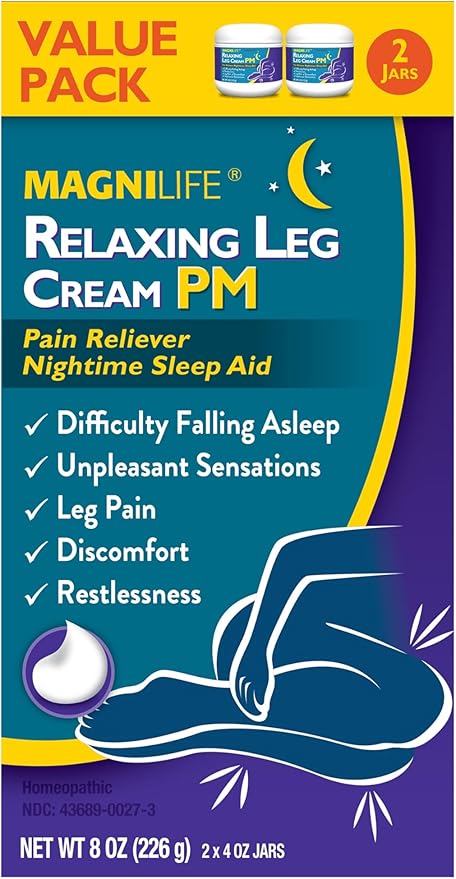 MagniLife Relaxing Leg Cream PM, 4 Oz Jars (2 Pack), Homeopathic Nighttime Pain Reliever & Sleep Aid with Lavender & Magnesium, Non-Greasy Deep Penetrating Cream for Restless Legs & Discomfort