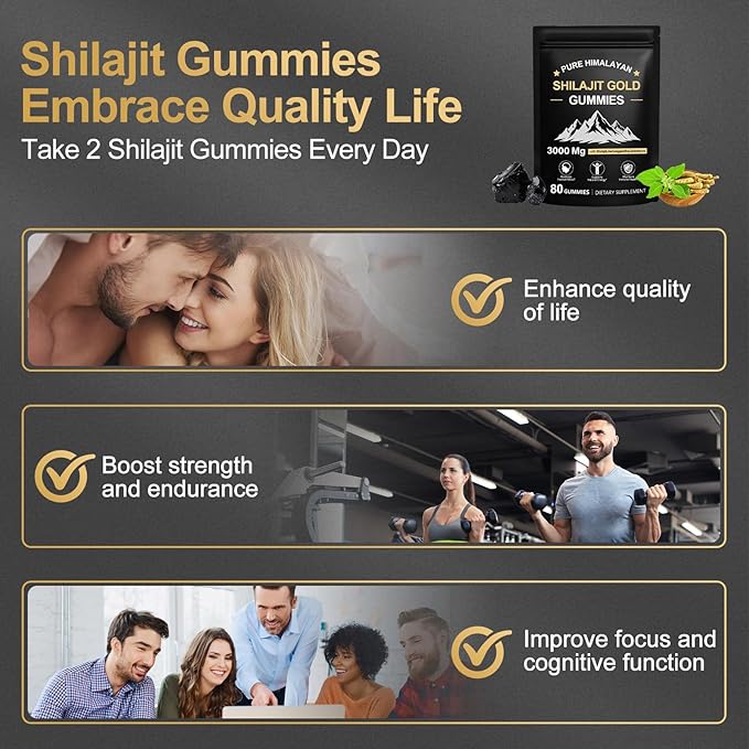Shilajit Gummies for Men & Women, Rich in Ashwagandha & Gokshura, Fulvic Acid & 85+ Trace Minerals Micronutrient Supplement for Energy & Wellness, 100% Pure Organic Natural - 80 Gummies