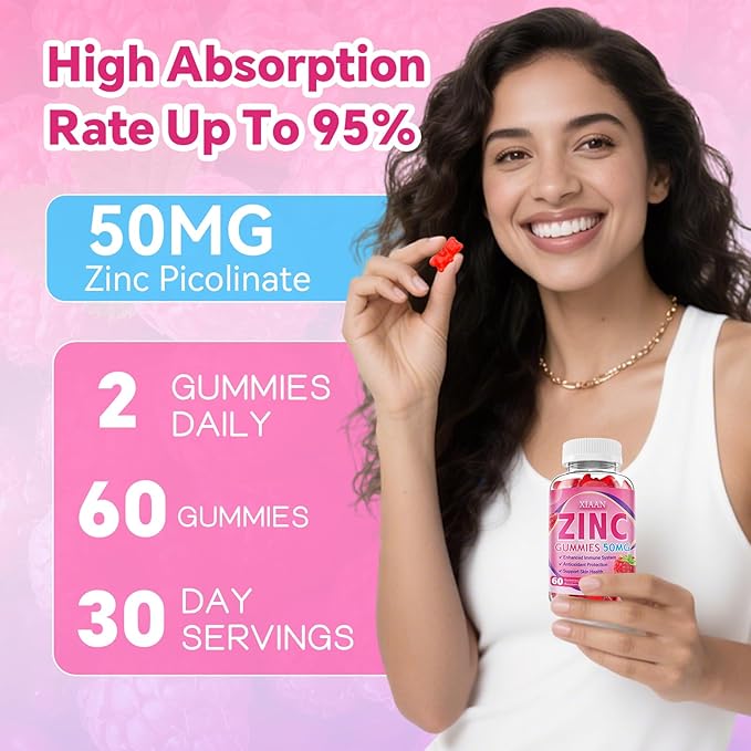 Zinc Picolinate Gummies 50mg for Kids & Adults, Chewable Zinc Supplements for Women & Men Supports Immune System & Cellular Health & Antioxidant, Vegan/Sugar-Free, Raspberry Flavor 60 Count