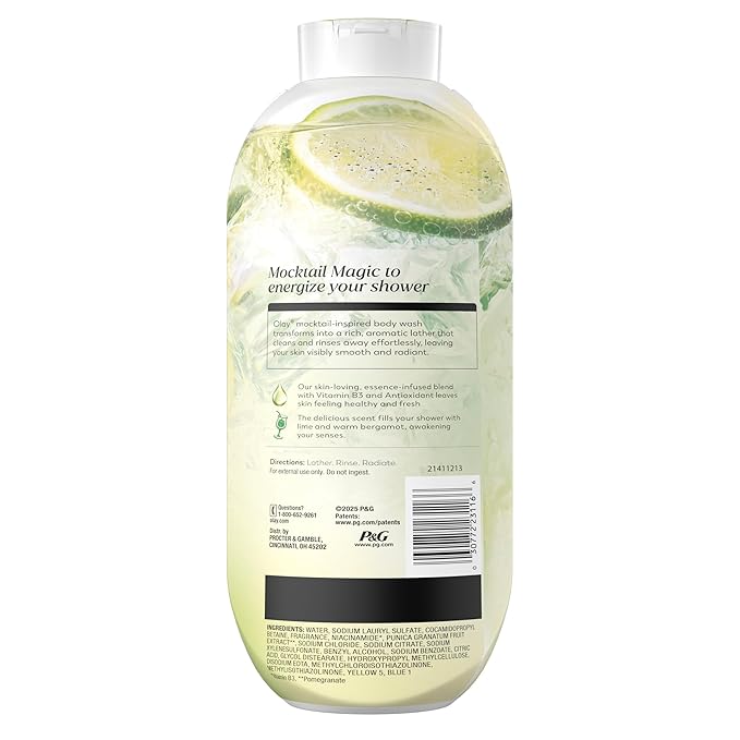 Olay Body Wash for Women, 24/7 Skin-Loving Freshness, Miami Mocktails, Plant Based Cleansers, Vitamin B3 & Antioxidant Blend, For All Skin Types, Lime It Up with Lime & Bergamot Scent, 22 fl oz