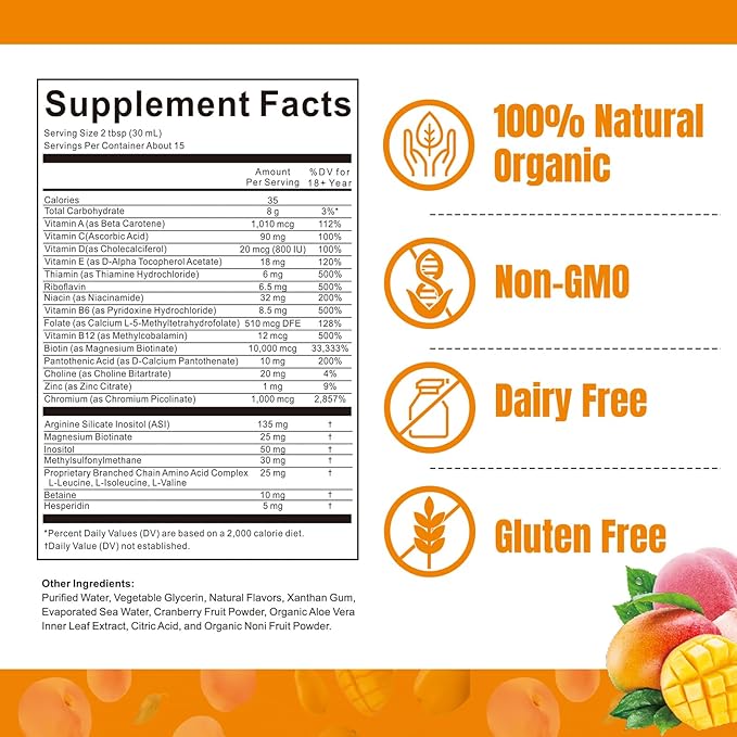 Liquid Multivitamin for Hair Growth | Biotin 10000mcg | Hair & Skin Support Supplement | Clinically Tested for Thicker Hair & Skin Elasticity | Suitable for Women & Men, Ages 18+ | 15.22 Fl Oz (2)