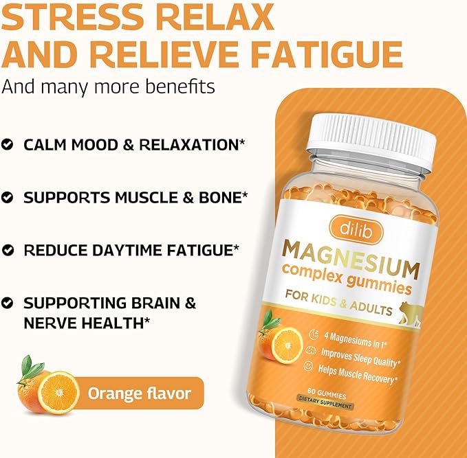 Magnesium Complex Gummies for Kids & Adults- Calm Chewable Gummies- Magnesium Glycinate, Taurate, Citrate, Malate, Supplement-Support Calm Stress Relief, Mood Vegan, Orange Flavor, 60ct