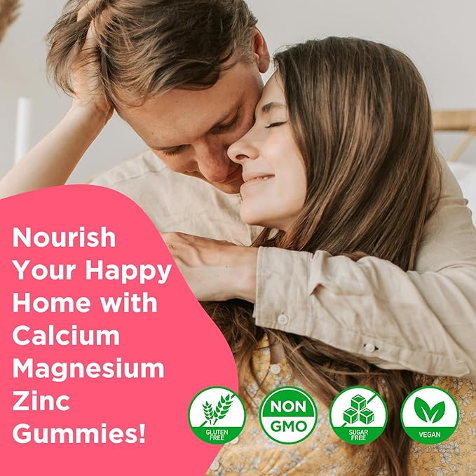 Calcium Magnesium Zinc Gummies with Vitamin D3, Sugar Free Calcium Gummies for Women Men, Raspberry Flavor - 60 Count