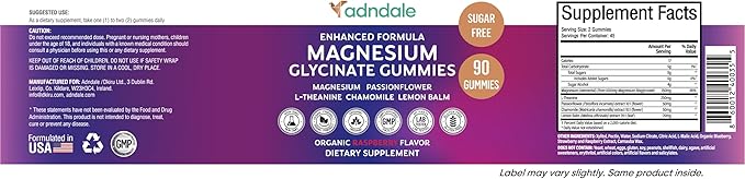 Adndale 90CT Magnesium Glycinate Gummies. Sugar Free Chews for Adults & Kids. Raspberry Flavour
