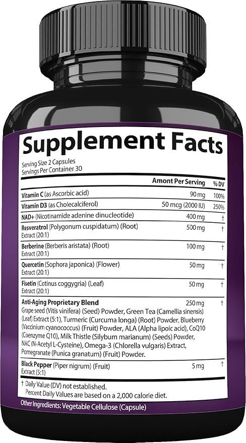 NAD Resveratrol Supplement for Women & Men. Support Cellular Health, Energy + Healthy Aging. Advanced Formula, Plus Third-Party Lab Tested in USA (60 Capsules)