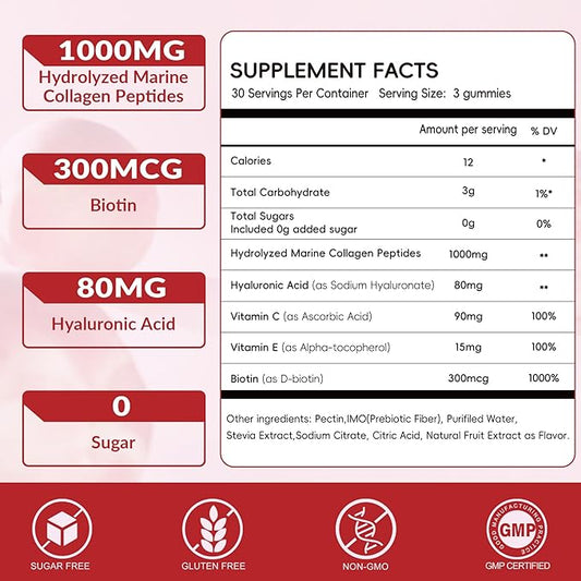 Marine Collagen Gummies for Women- Hydrolyzed Collagen Peptides 1000mg with Biotin,Vitamin C, E, Hyaluronic Acid- Collagen Supplement for Healthy Skin Hair Nails- Sugar Free, 90 Counts