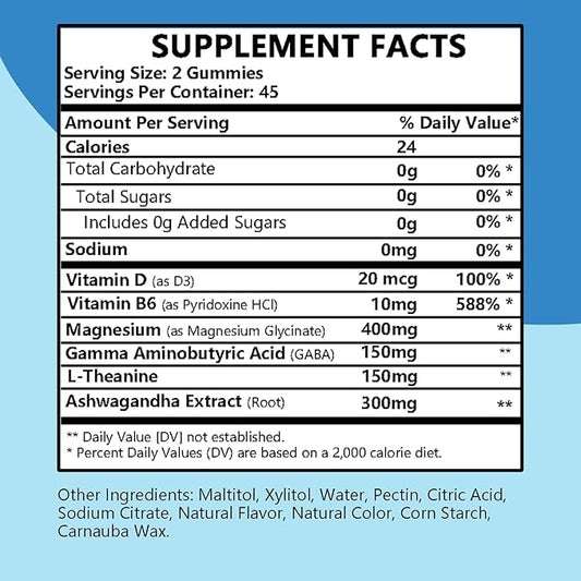 Cortisol Supplements for Women, Calm Magnesium Glycinate Gummies, Ashwagandha, L-Theanine, GABA, D3, B6, Mood Anxiety Sleep Relax, Raspberry Flavour, Vegan 90 Gummies