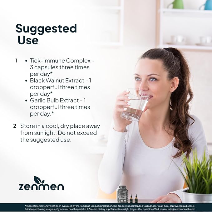 Zenmen Tick Defense Complete Method - 3 Tick Immune Support + 2 Garlic Tincture + 2 Green Black Walnut Tincture