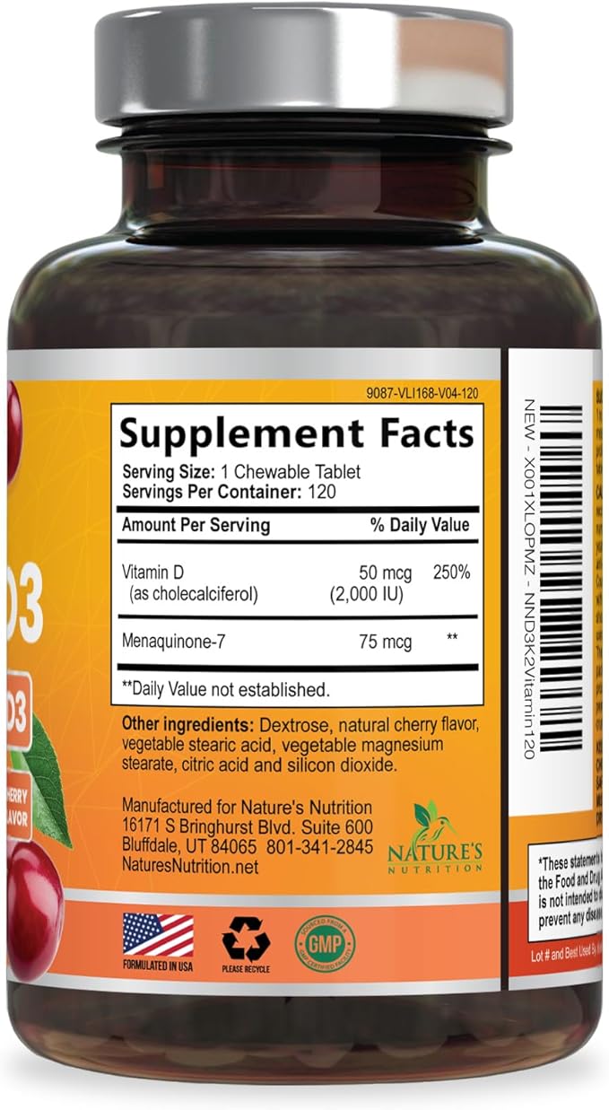 Vitamin D 2000 IU 50mcg Per Tablet - Vitamins D3 & K2 (MK7) Complex Supplement for Bone, Teeth, Muscle, Calcium Absorption, Supports Immune & Heart Health, Chewable Formula USA Bottled - 120 Tablets