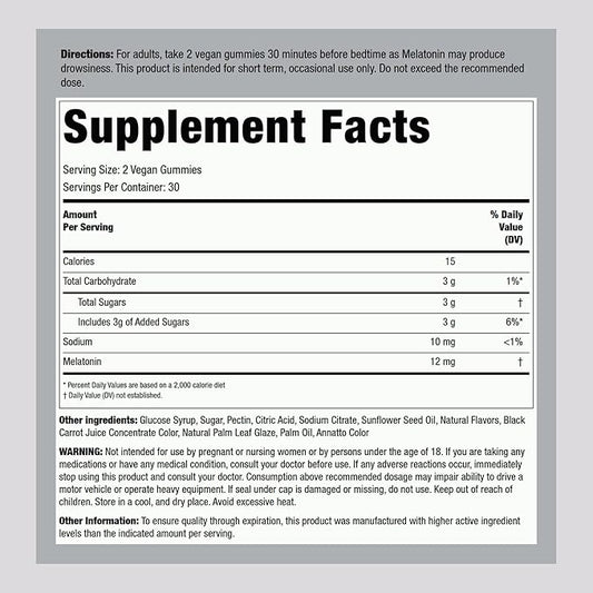 Piping Rock Melatonin Gummies 12mg | 60 Count | Maximum Strength Supplement for Adults | Berry Flavor | Vegan, Non-GMO, Gluten Free