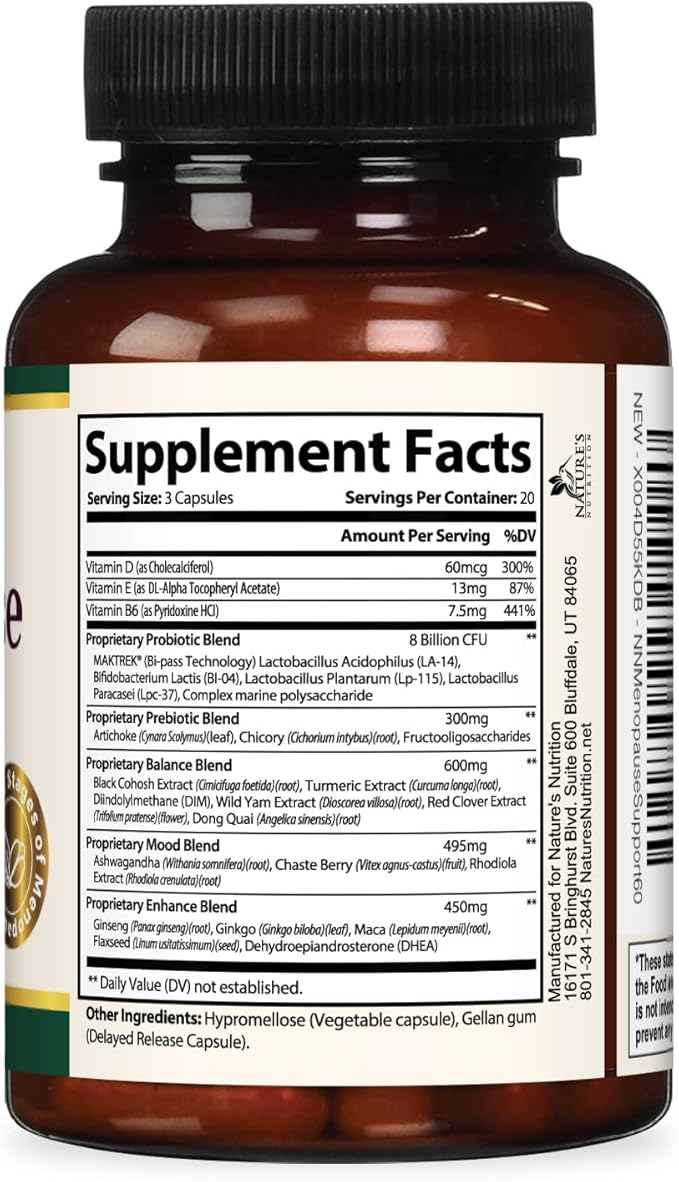 Menopause Supplement for Women - Natural Menopause Relief Support for Mild Hot Flashes & Night Sweats - Best Probiotics for Women, Dong Quai, Black Cohosh, Ashwagandha - Bottled in USA - 60 Capsules