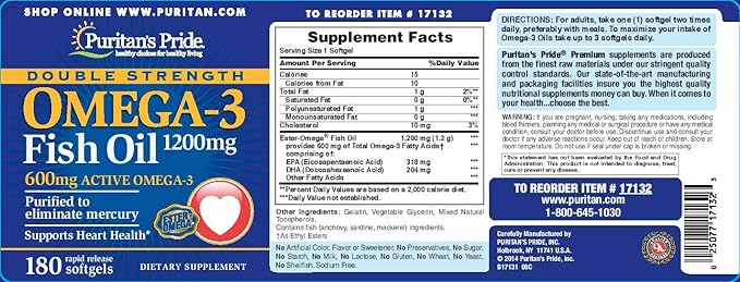 Puritan's Pride Omega-3 Fish Oil 1200 Mg, 180 Count