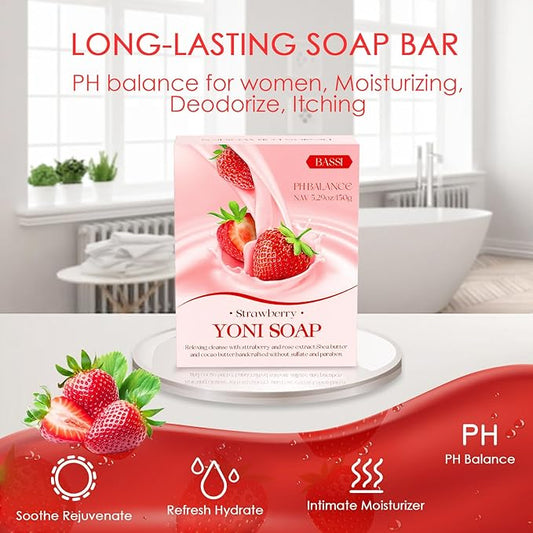 Yoni Soap Bars & Natural Yoni Oil Set, Natural Yoni Wash for Women Feminine Wash Deodorants pH Balance, Eliminates Odor, Strawberry Feminine Oil 30ml/1 oz, 2pcs 3.53 oz Bath Soap