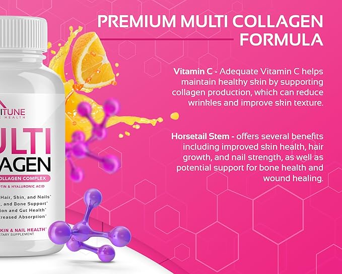 CogniTune Multi Collagen Peptides for Women with Biotin, Hyaluronic Acid, Vitamin C - 5 Types I II III V X Colageno Hidrolizado - 2000mg Hair Skin Nails Joints Support - 120 Capsules